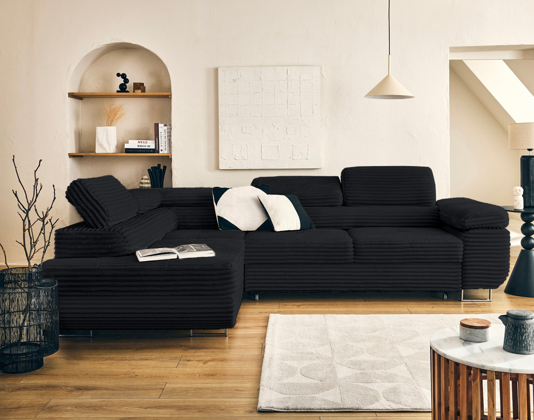 Canapé d'angle gauche 5 places convertible avec coffre et têtières en velours côtelé grosses côtes Zaria Canapé d'angle gauche 5 places convertible avec coffre et têtières en velours côtelé grosses côtes Zaria