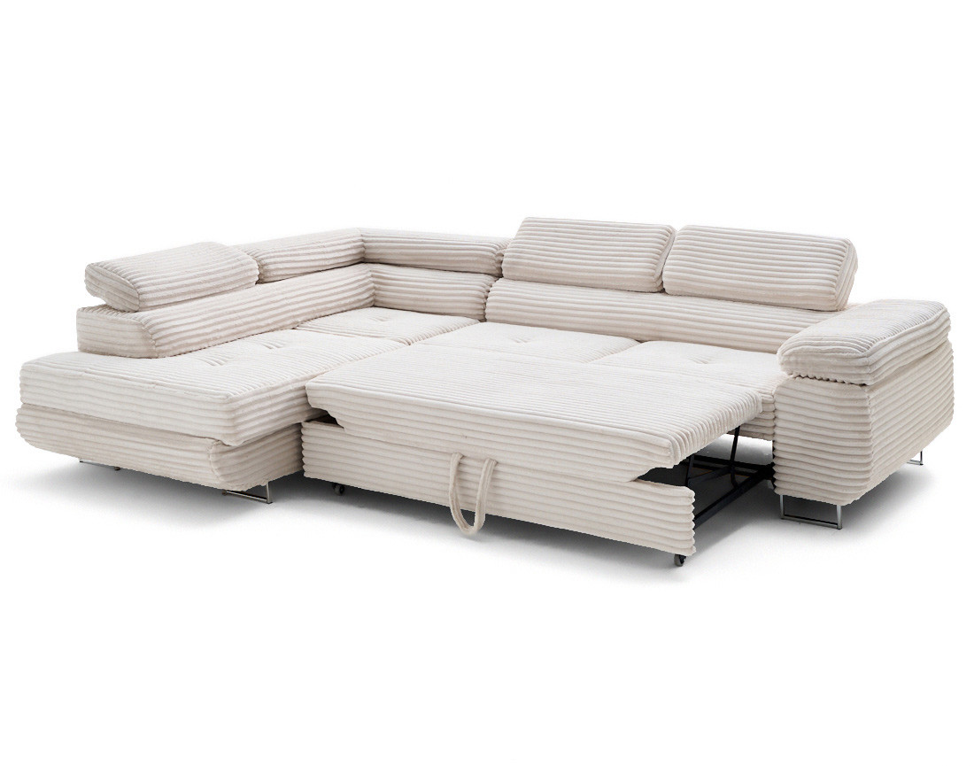 Canapé d'angle gauche 5 places convertible avec coffre et têtières en velours côtelé grosses côtes Zaria Canapé d'angle gauche 5 places convertible avec coffre et têtières en velours côtelé grosses côtes Zaria