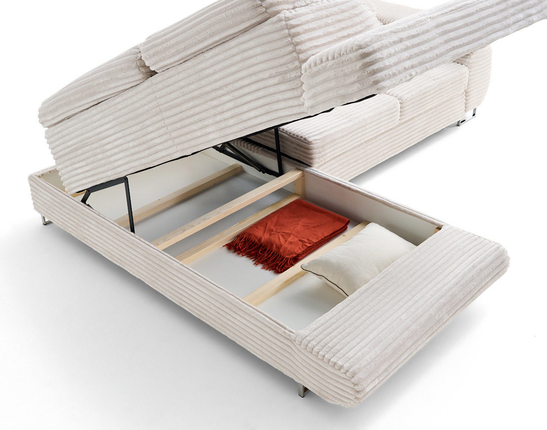 Canapé d'angle gauche 5 places convertible avec coffre et têtières en velours côtelé grosses côtes Zaria Canapé d'angle gauche 5 places convertible avec coffre et têtières en velours côtelé grosses côtes Zaria