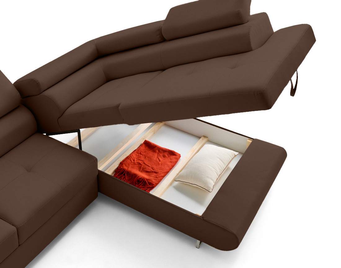 Canapé d'angle droit 5 places convertible avec coffre et têtières en simili Zaria