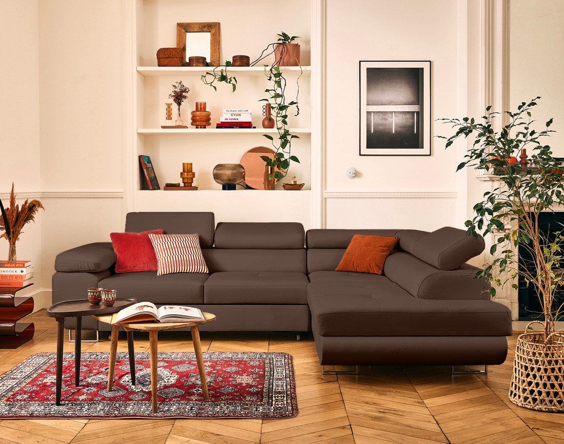 Canapé d'angle droit 5 places convertible avec coffre et têtières en simili Zaria