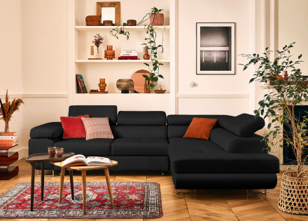 Canapé d'angle droit 5 places convertible avec coffre et têtières en cuir vegan Zaria