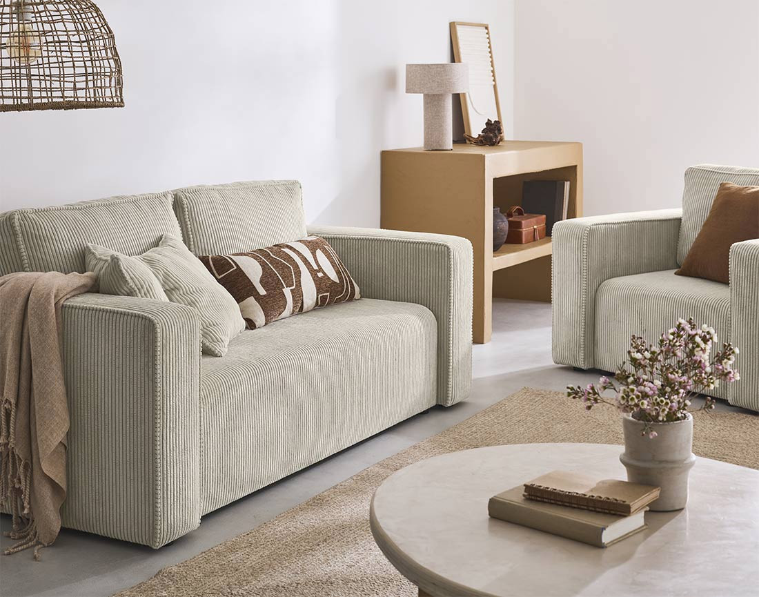 Canapé droit 2 places en velours côtelé Topaze