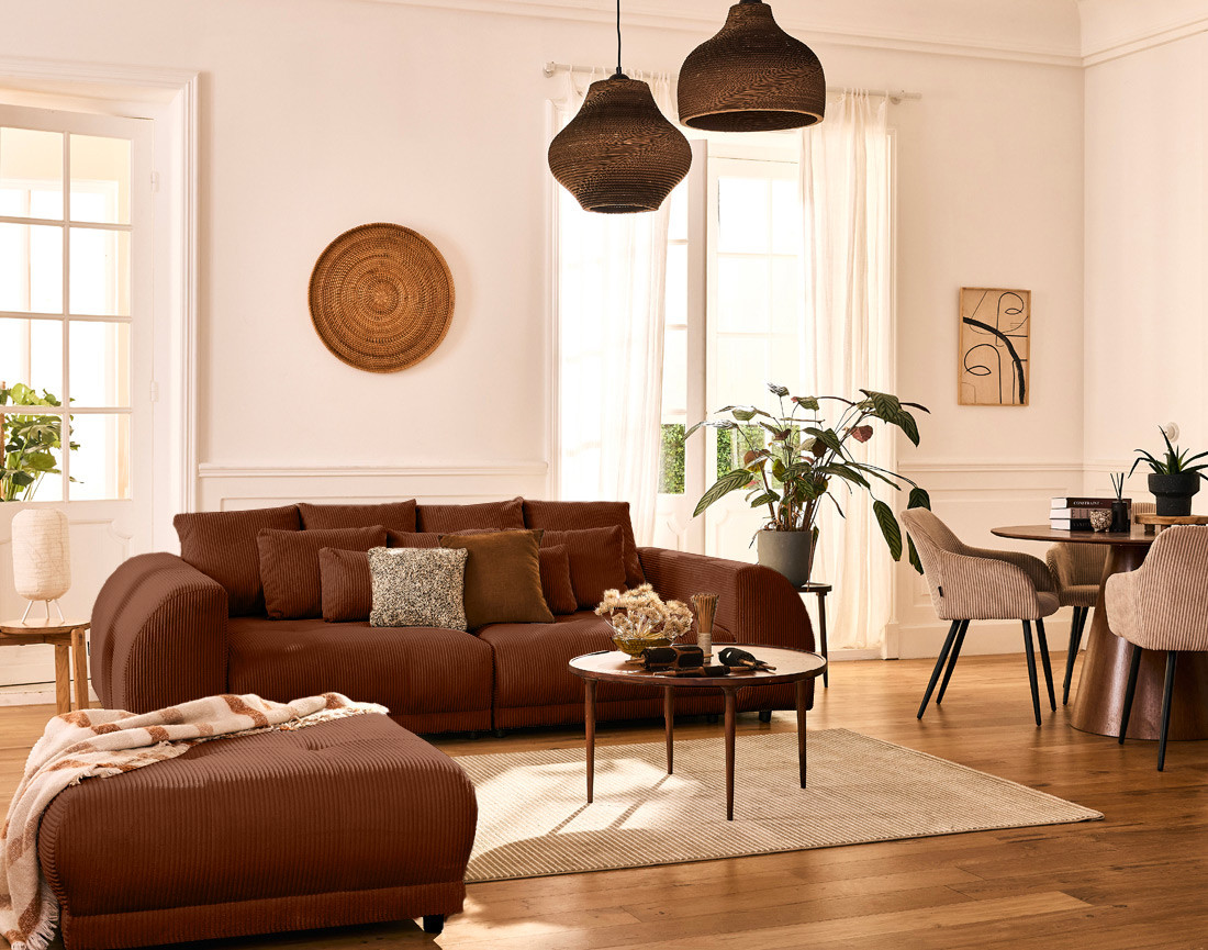 Canapé droit 4 places en velours côtelé Amadora