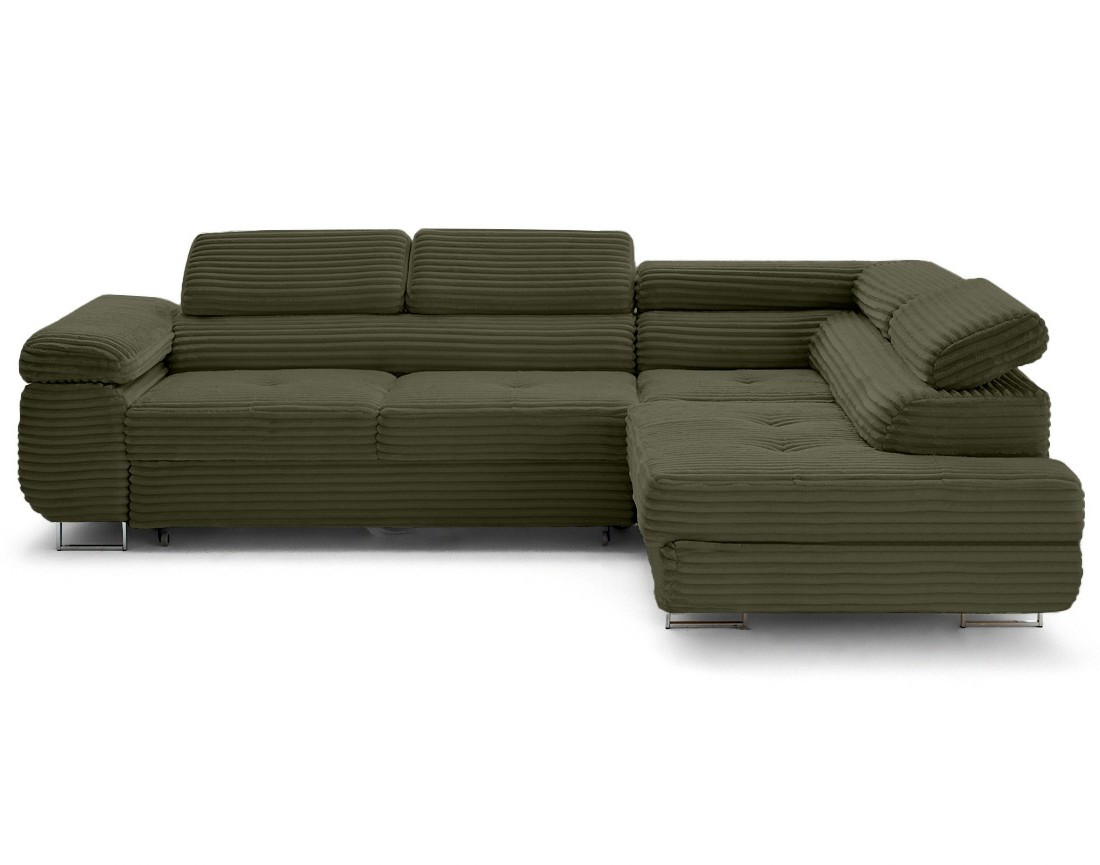 Canapé d'angle droit 5 places convertible avec coffre et têtières en velours côtelé grosses côtes Zaria
