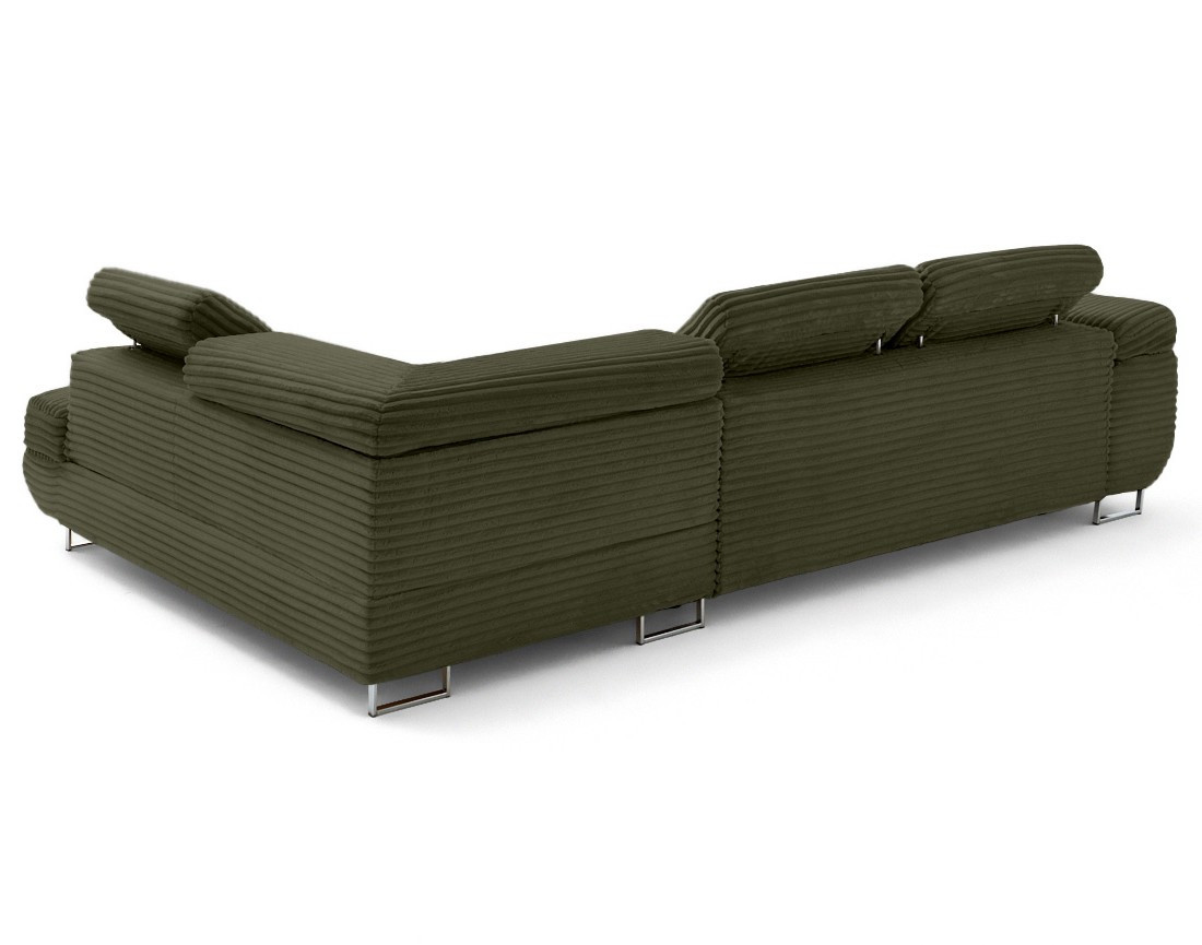 Canapé d'angle droit 5 places convertible avec coffre et têtières en velours côtelé grosses côtes Zaria