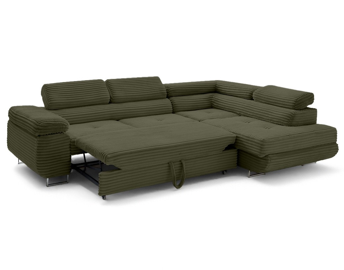 Canapé d'angle droit 5 places convertible avec coffre et têtières en velours côtelé grosses côtes Zaria