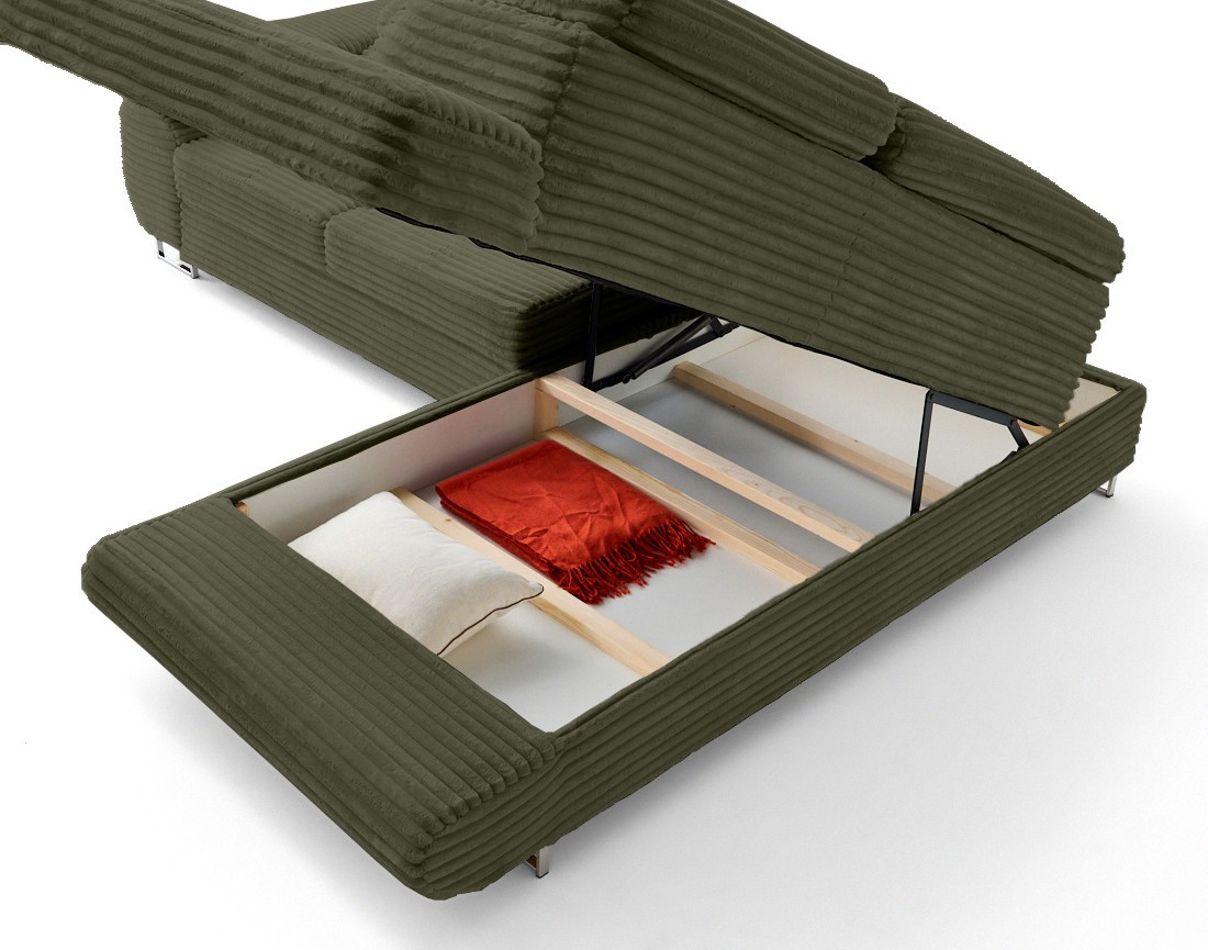 Canapé d'angle droit 5 places convertible avec coffre et têtières en velours côtelé grosses côtes Zaria