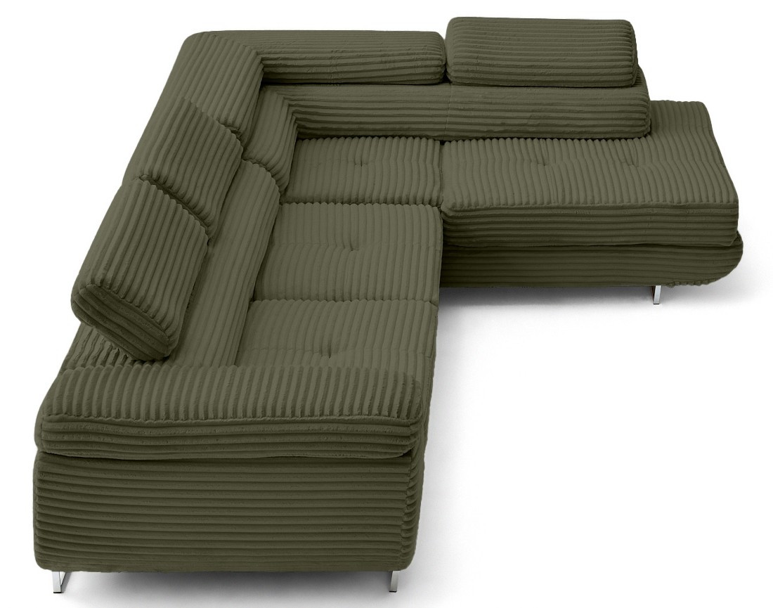 Canapé d'angle droit 5 places convertible avec coffre et têtières en velours côtelé grosses côtes Zaria