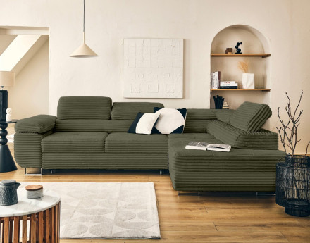 Canapé d'angle droit 5 places convertible avec coffre et têtières en velours côtelé grosses côtes Zaria