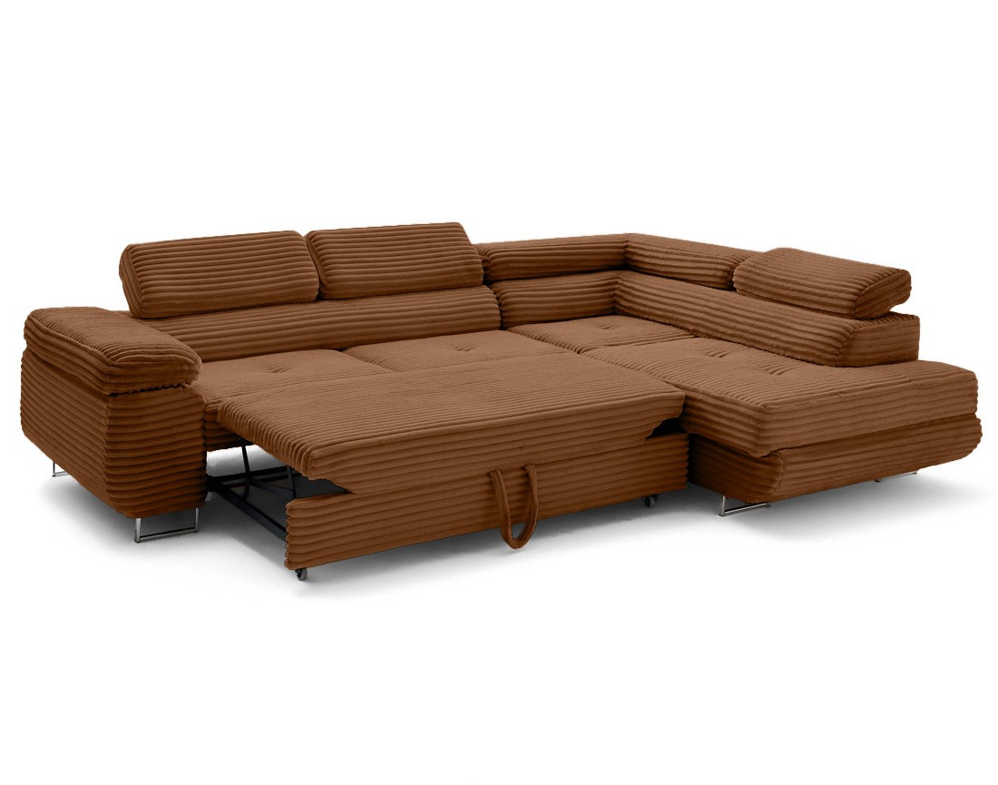 Canapé d'angle droit 5 places convertible avec coffre et têtières en velours côtelé grosses côtes Zaria