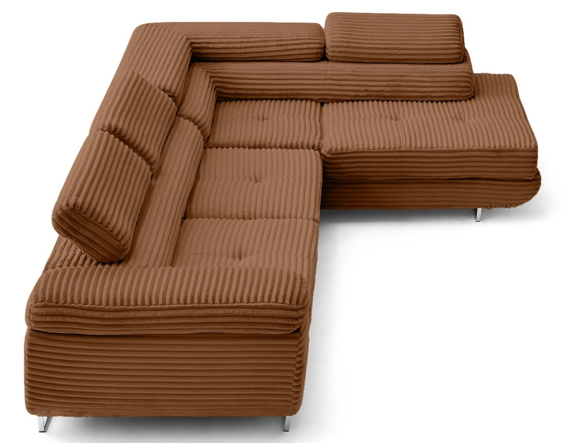 Canapé d'angle droit 5 places convertible avec coffre et têtières en velours côtelé grosses côtes Zaria