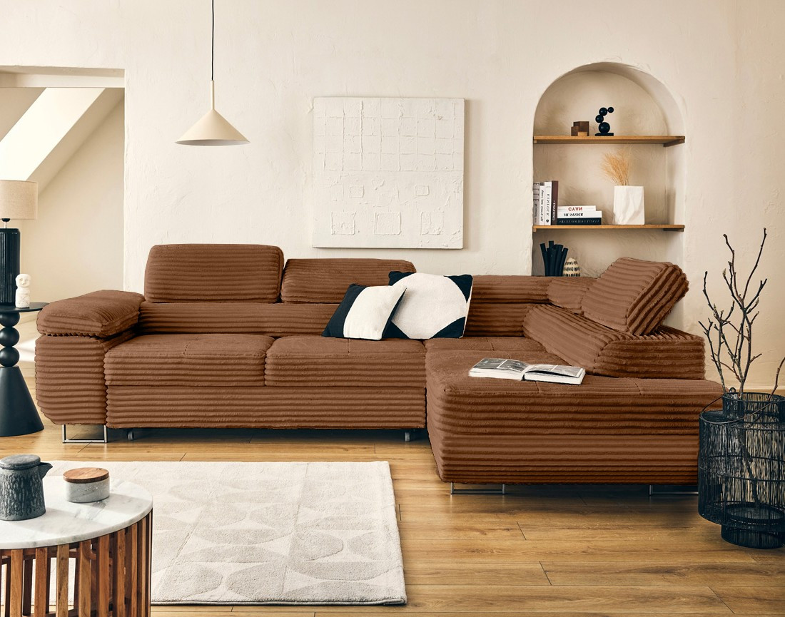 Canapé d'angle droit 5 places convertible avec coffre et têtières en velours côtelé grosses côtes Zaria