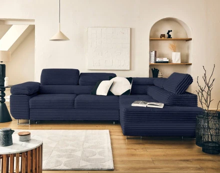 Canapé d'angle droit 5 places convertible avec coffre et têtières en velours côtelé grosses côtes Zaria