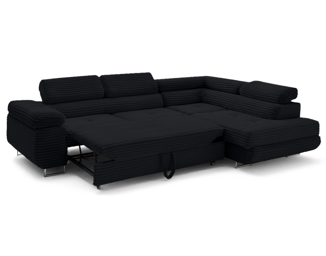 Canapé d'angle droit 5 places convertible avec coffre et têtières en velours côtelé grosses côtes Zaria Canapé d'angle droit 5 places convertible avec coffre et têtières en velours côtelé grosses côtes Zaria