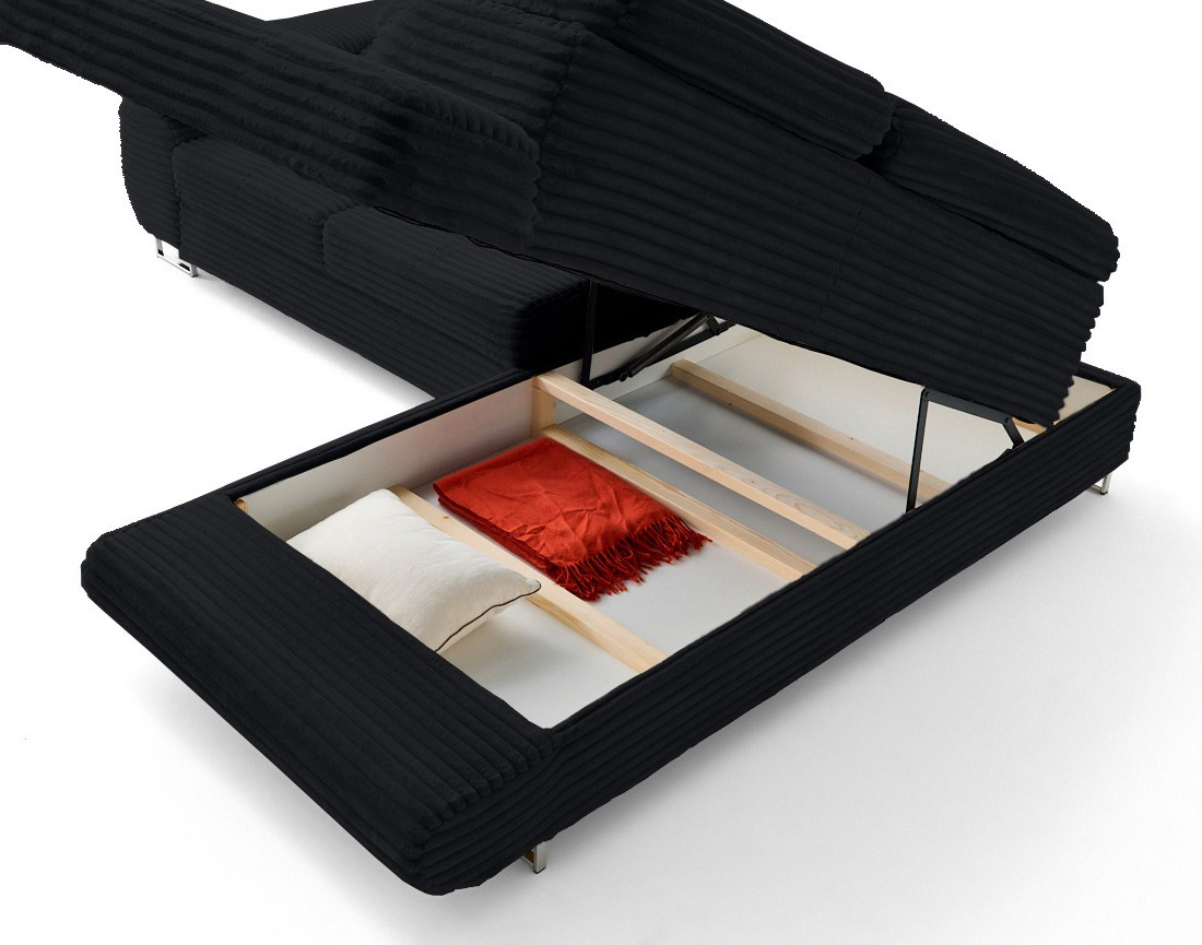 Canapé d'angle droit 5 places convertible avec coffre et têtières en velours côtelé grosses côtes Zaria Canapé d'angle droit 5 places convertible avec coffre et têtières en velours côtelé grosses côtes Zaria