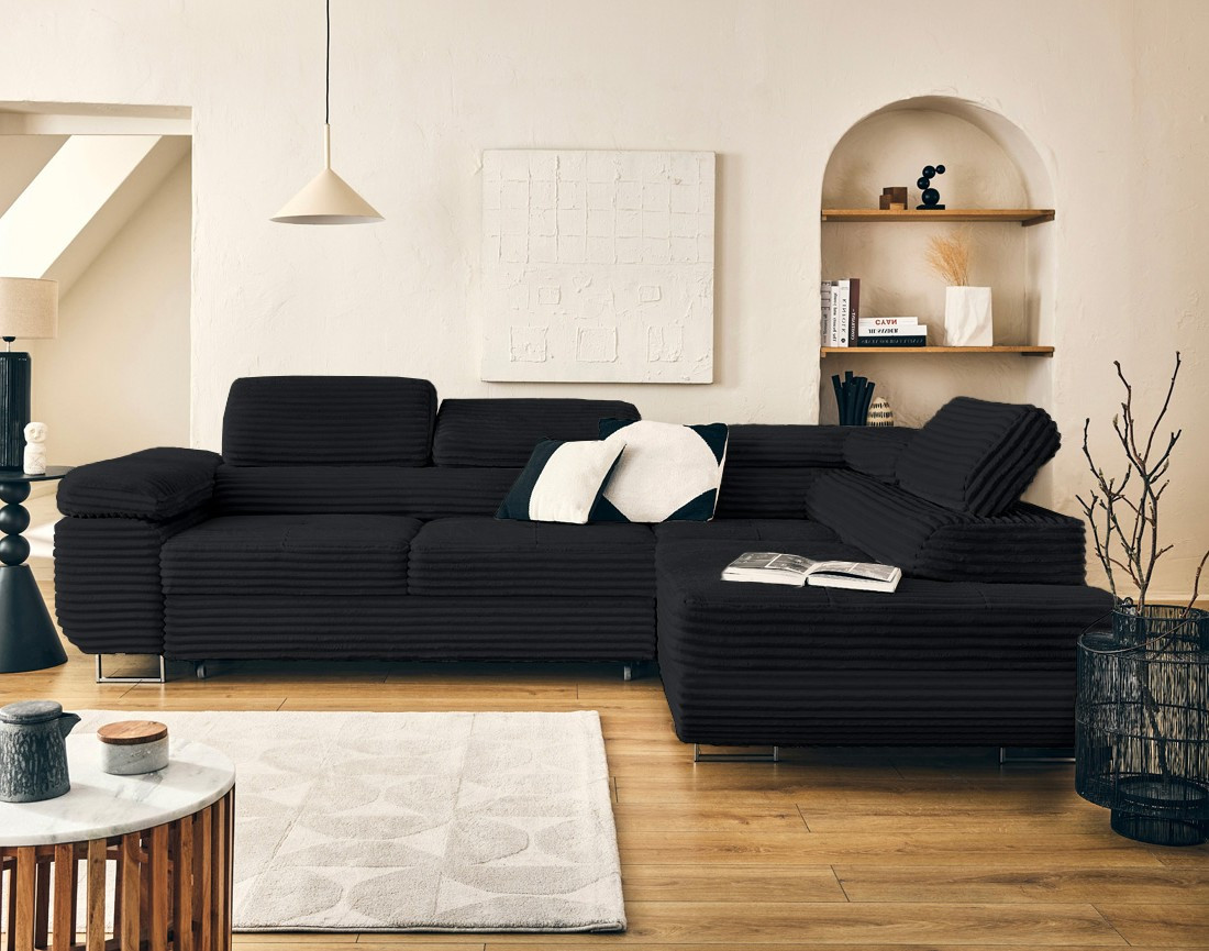 Canapé d'angle droit 5 places convertible avec coffre et têtières en velours côtelé grosses côtes Zaria Canapé d'angle droit 5 places convertible avec coffre et têtières en velours côtelé grosses côtes Zaria