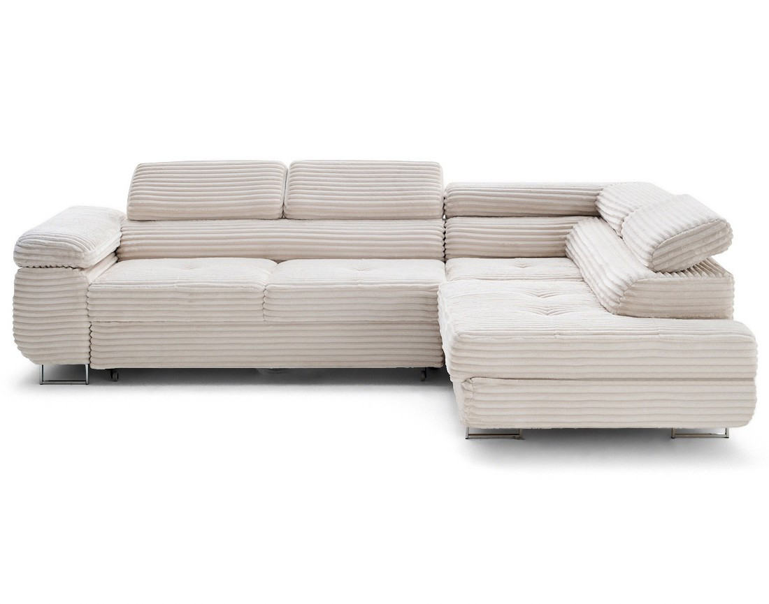 Canapé d'angle droit 5 places convertible avec coffre et têtières en velours côtelé grosses côtes Zaria