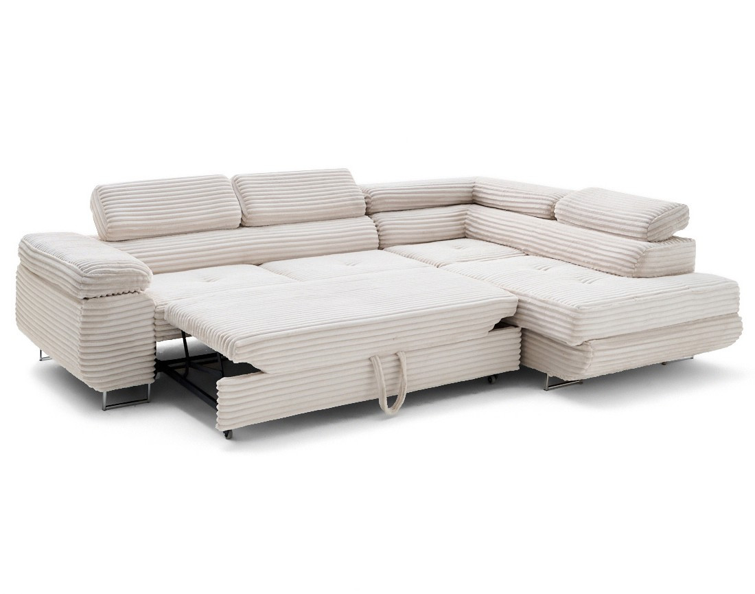 Canapé d'angle droit 5 places convertible avec coffre et têtières en velours côtelé grosses côtes Zaria