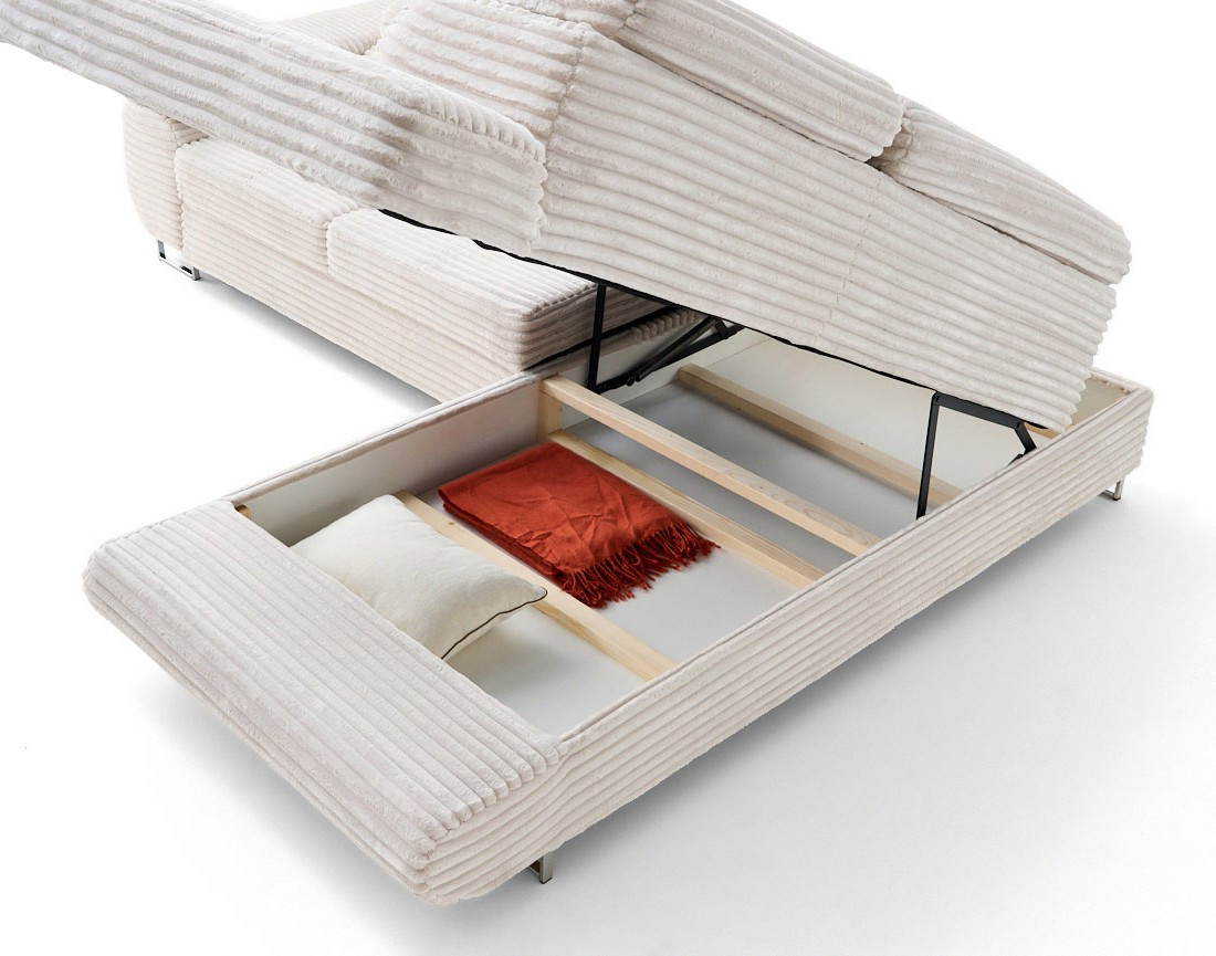 Canapé d'angle droit 5 places convertible avec coffre et têtières en velours côtelé grosses côtes Zaria