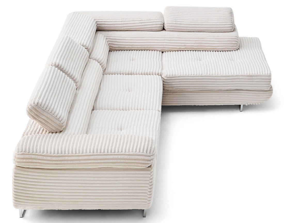 Canapé d'angle droit 5 places convertible avec coffre et têtières en velours côtelé grosses côtes Zaria