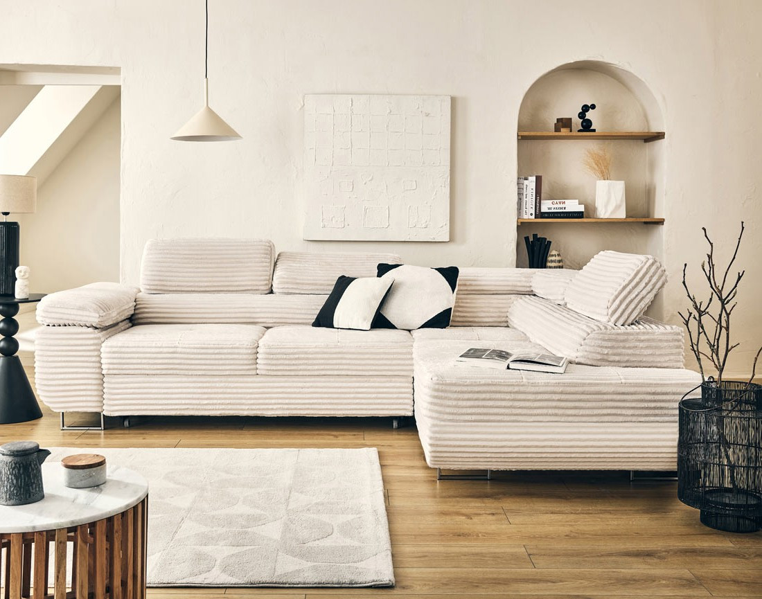 Canapé d'angle droit 5 places convertible avec coffre et têtières en velours côtelé grosses côtes Zaria