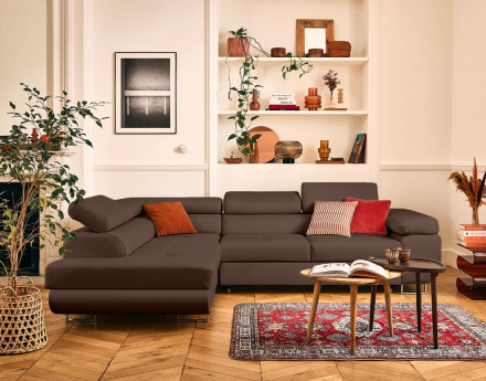 Canapé d'angle gauche 5 places convertible avec coffre et têtières en cuir vegan Zaria