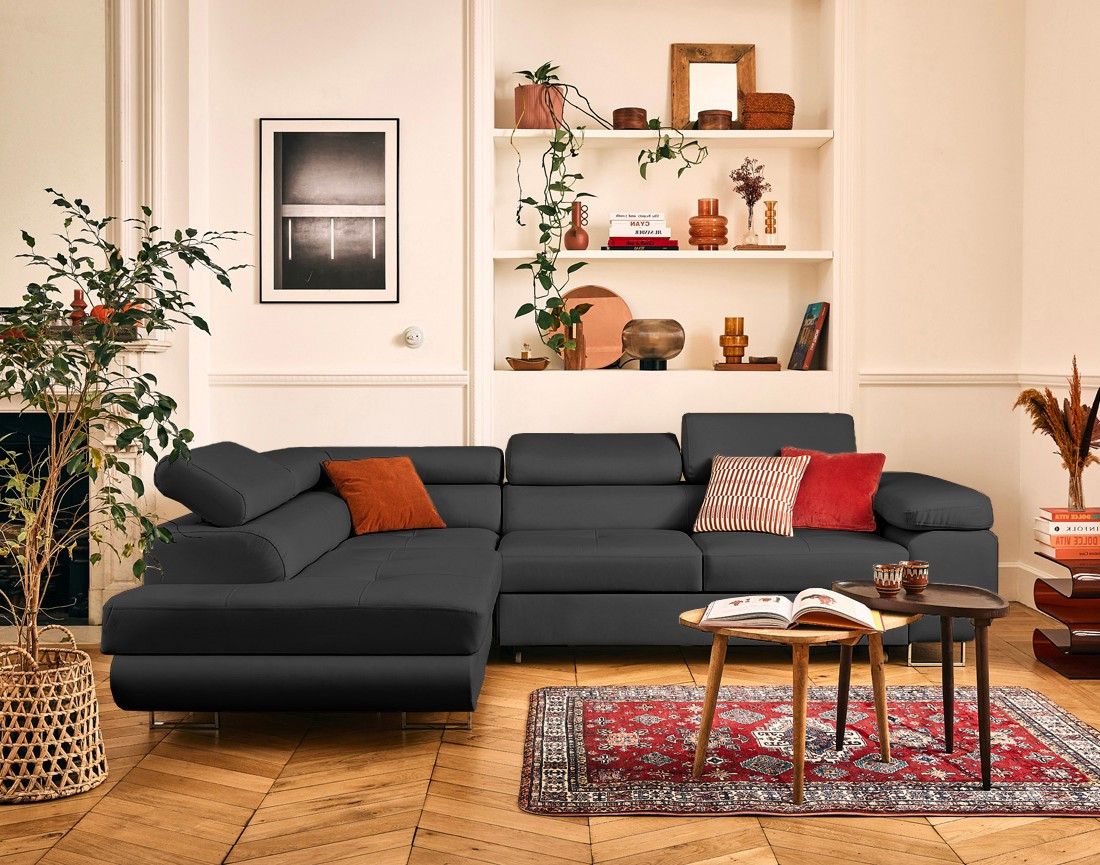 Canapé d'angle gauche 5 places convertible avec coffre et têtières en simili Zaria