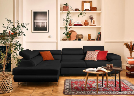 Canapé d'angle gauche 5 places convertible avec coffre et têtières en cuir vegan Zaria