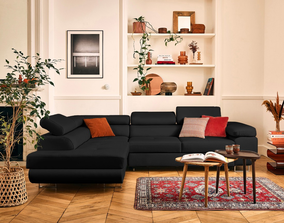 Canapé d'angle gauche 5 places convertible avec coffre et têtières en simili Zaria Canapé d'angle gauche 5 places convertible avec coffre et têtières en simili Zaria