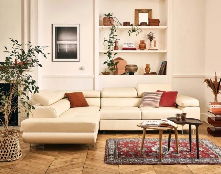 Canapé d'angle gauche 5 places convertible avec coffre et têtières en simili Zaria