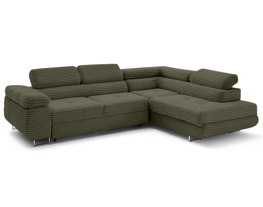 Canapé d'angle droit 5 places convertible avec coffre et têtières en velours côtelé grosses côtes Zaria