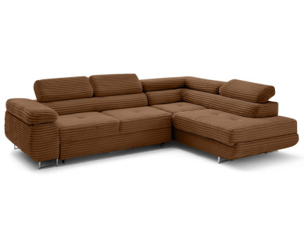 Canapé d'angle droit 5 places convertible avec coffre et têtières en velours côtelé grosses côtes Zaria