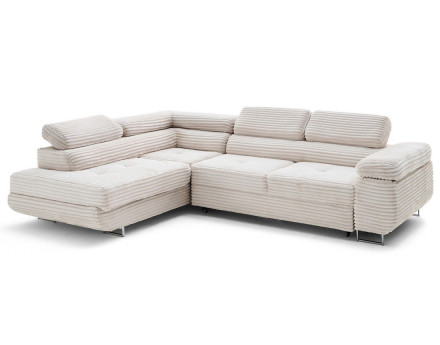 Canapé d'angle gauche 5 places convertible avec coffre et têtières en velours côtelé grosses côtes Zaria