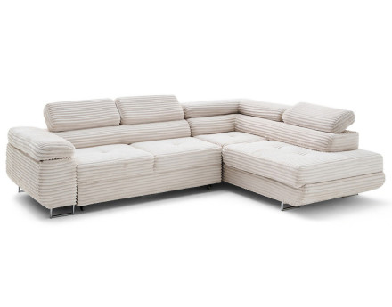 Canapé d'angle droit 5 places convertible avec coffre et têtières en velours côtelé grosses côtes Zaria