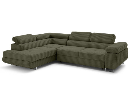 Canapé d'angle gauche 5 places convertible avec coffre et têtières en velours côtelé grosses côtes Zaria