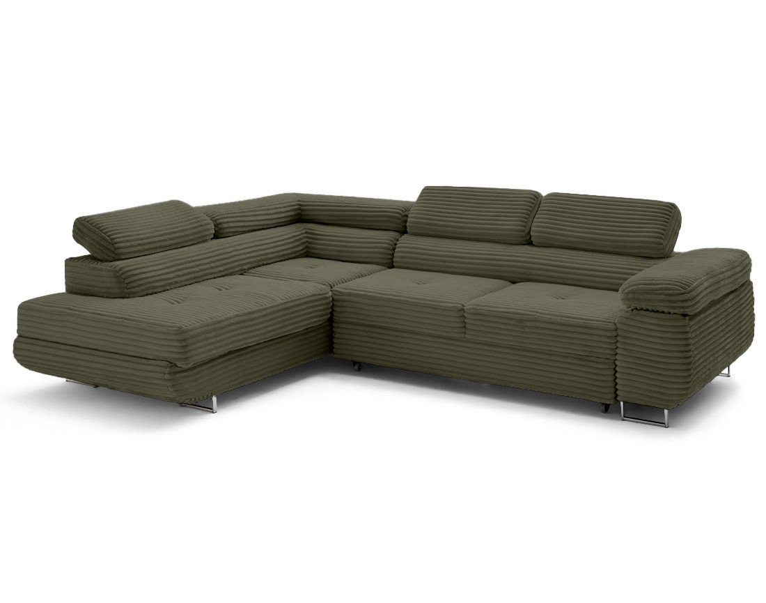 Canapé d'angle gauche 5 places convertible avec coffre et têtières en velours côtelé grosses côtes Zaria