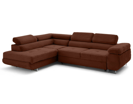 Canapé d'angle gauche 5 places convertible avec coffre et têtières en velours côtelé grosses côtes Zaria