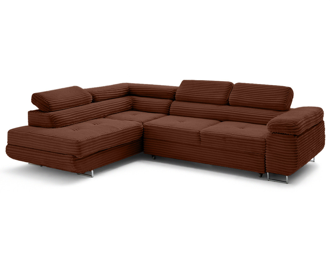 Canapé d'angle gauche 5 places convertible avec coffre et têtières en velours côtelé grosses côtes Zaria
