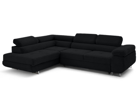 Canapé d'angle gauche 5 places convertible avec coffre et têtières en velours côtelé grosses côtes Zaria