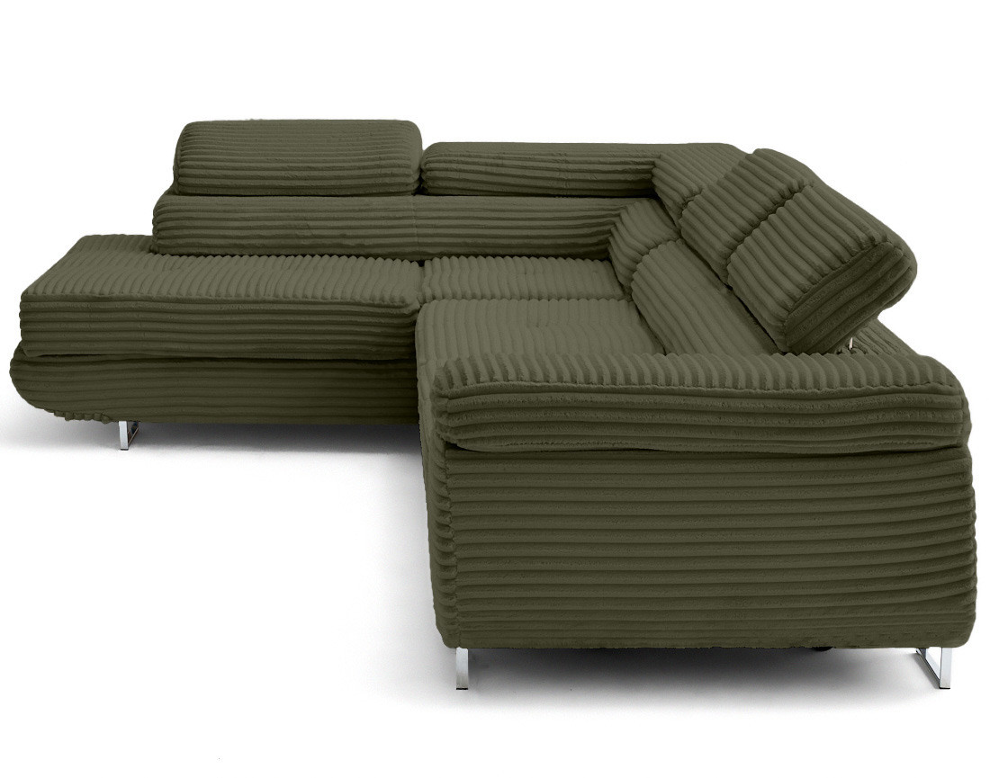 Canapé d'angle gauche 5 places convertible avec coffre et têtières en velours côtelé grosses côtes Zaria