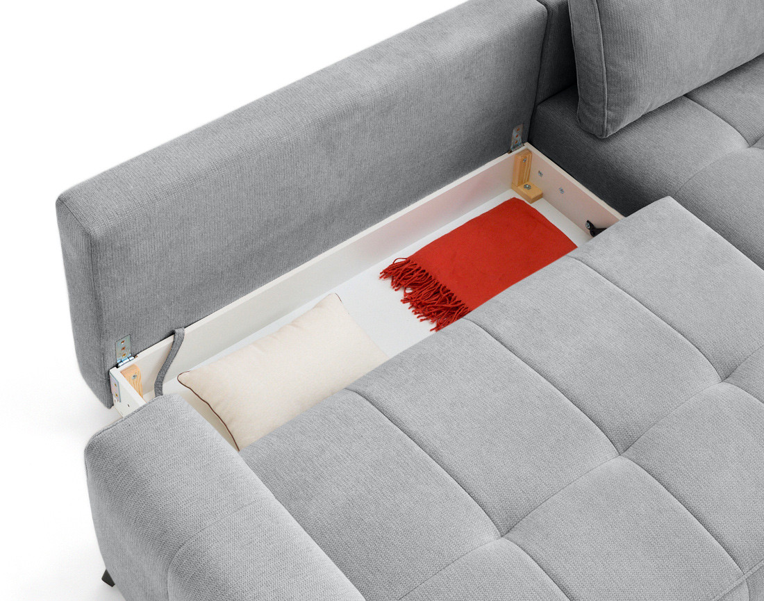Canapé d'angle droit 4 places convertible avec coffre en tissu texturé Rimini Canapé d'angle droit 4 places convertible avec coffre en tissu texturé Rimini