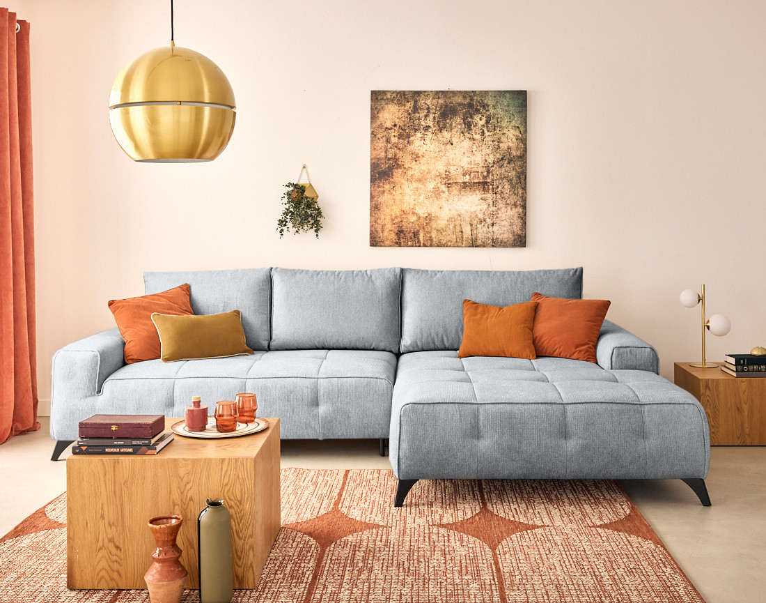 Canapé d'angle droit 4 places convertible avec coffre en tissu texturé Rimini Canapé d'angle droit 4 places convertible avec coffre en tissu texturé Rimini