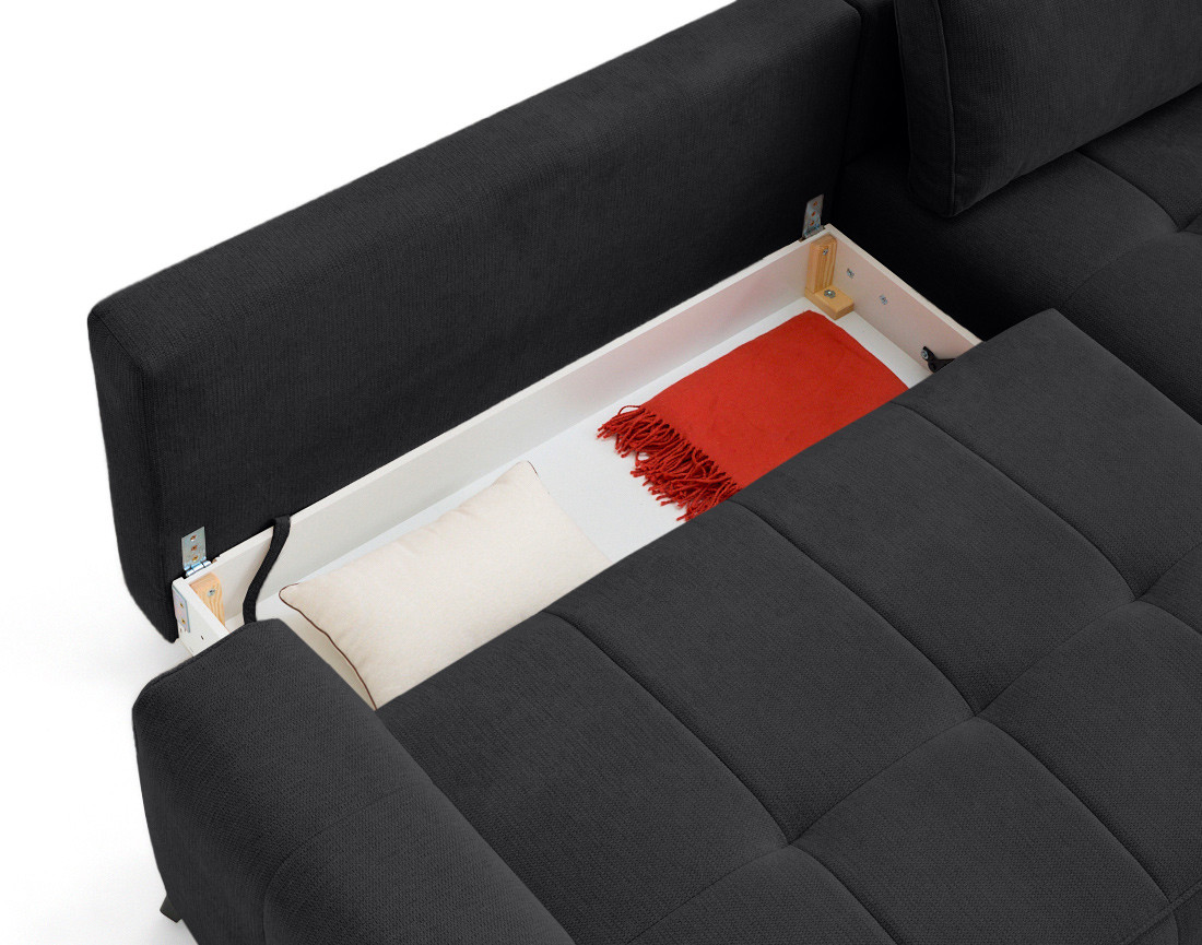 Canapé d'angle droit 4 places convertible avec coffre en tissu texturé Rimini Canapé d'angle droit 4 places convertible avec coffre en tissu texturé Rimini