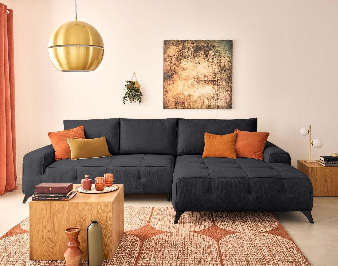 Canapé d'angle droit 4 places convertible avec coffre en tissu texturé Rimini Canapé d'angle droit 4 places convertible avec coffre en tissu texturé Rimini