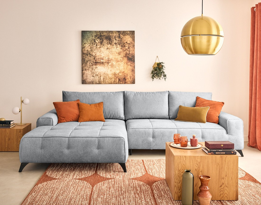 Canapé d'angle gauche 4 places convertible avec coffre en tissu texturé Rimini Canapé d'angle gauche 4 places convertible avec coffre en tissu texturé Rimini