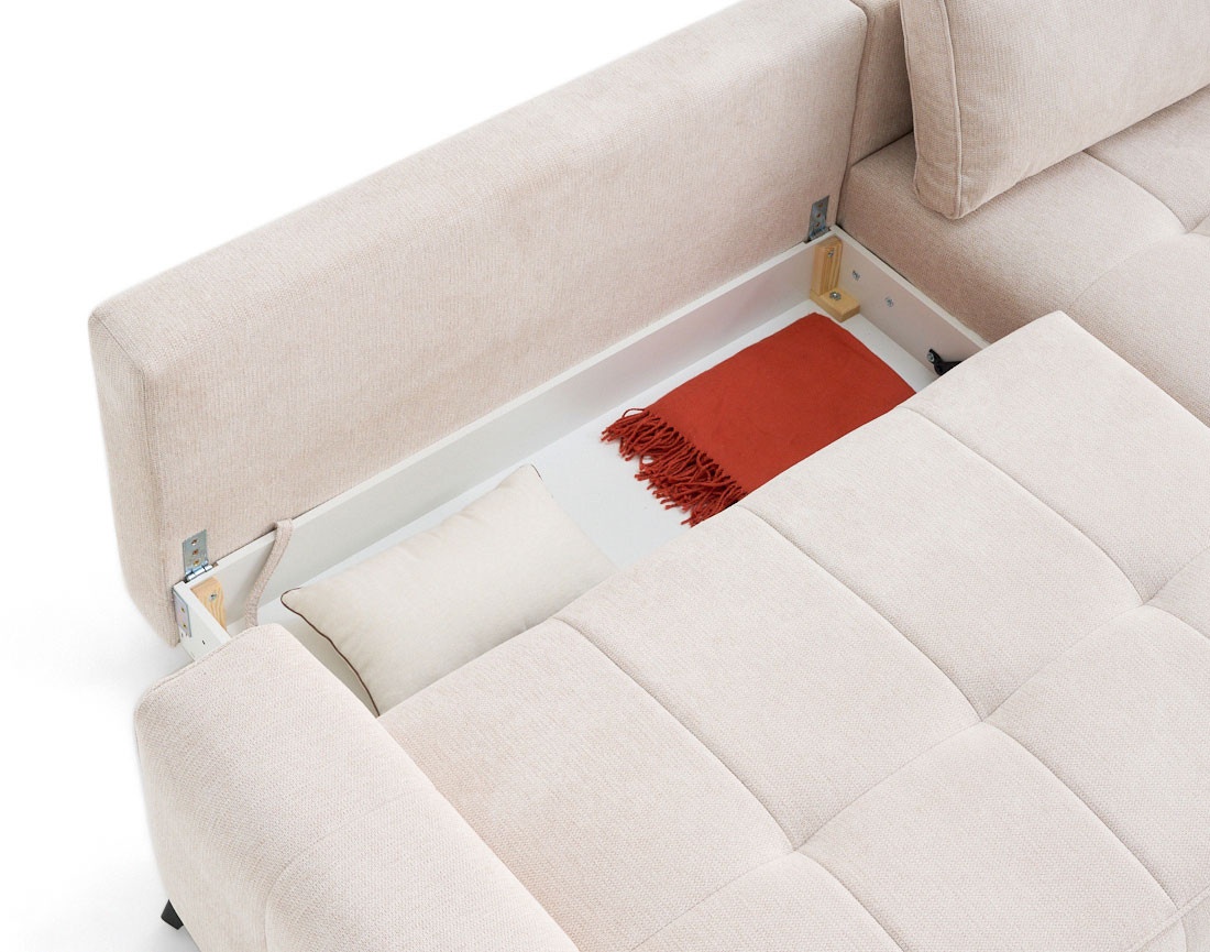 Canapé d'angle droit 4 places convertible avec coffre en tissu texturé Rimini