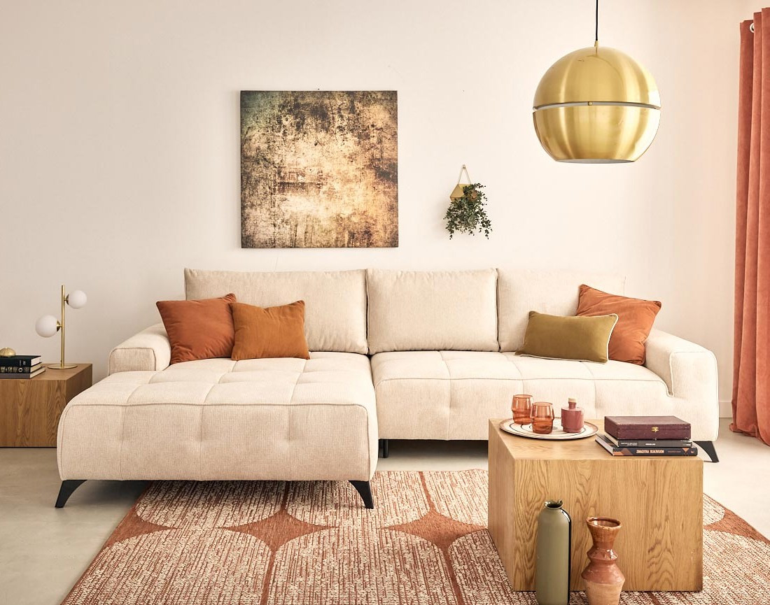 Canapé d'angle gauche 4 places convertible avec coffre en tissu texturé Rimini Canapé d'angle gauche 4 places convertible avec coffre en tissu texturé Rimini