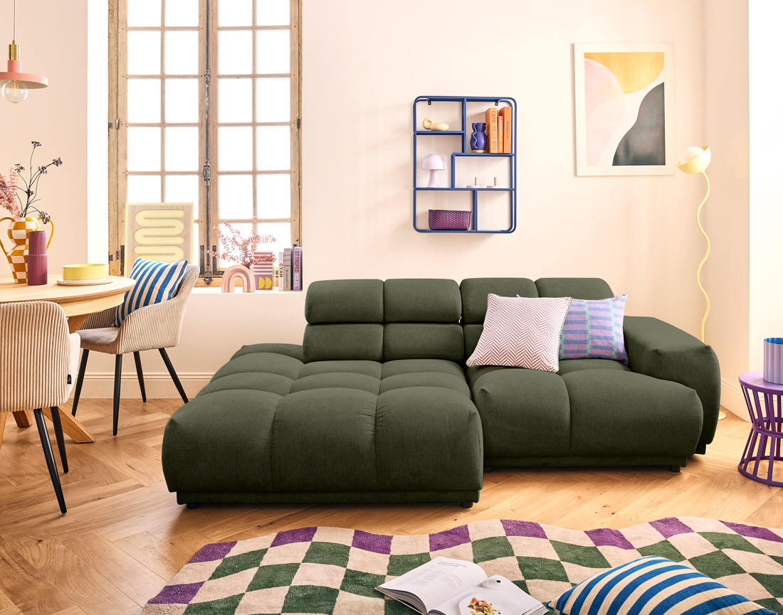 Canapé d'angle gauche 4 places avec têtières réglables en tissu texturé Matera