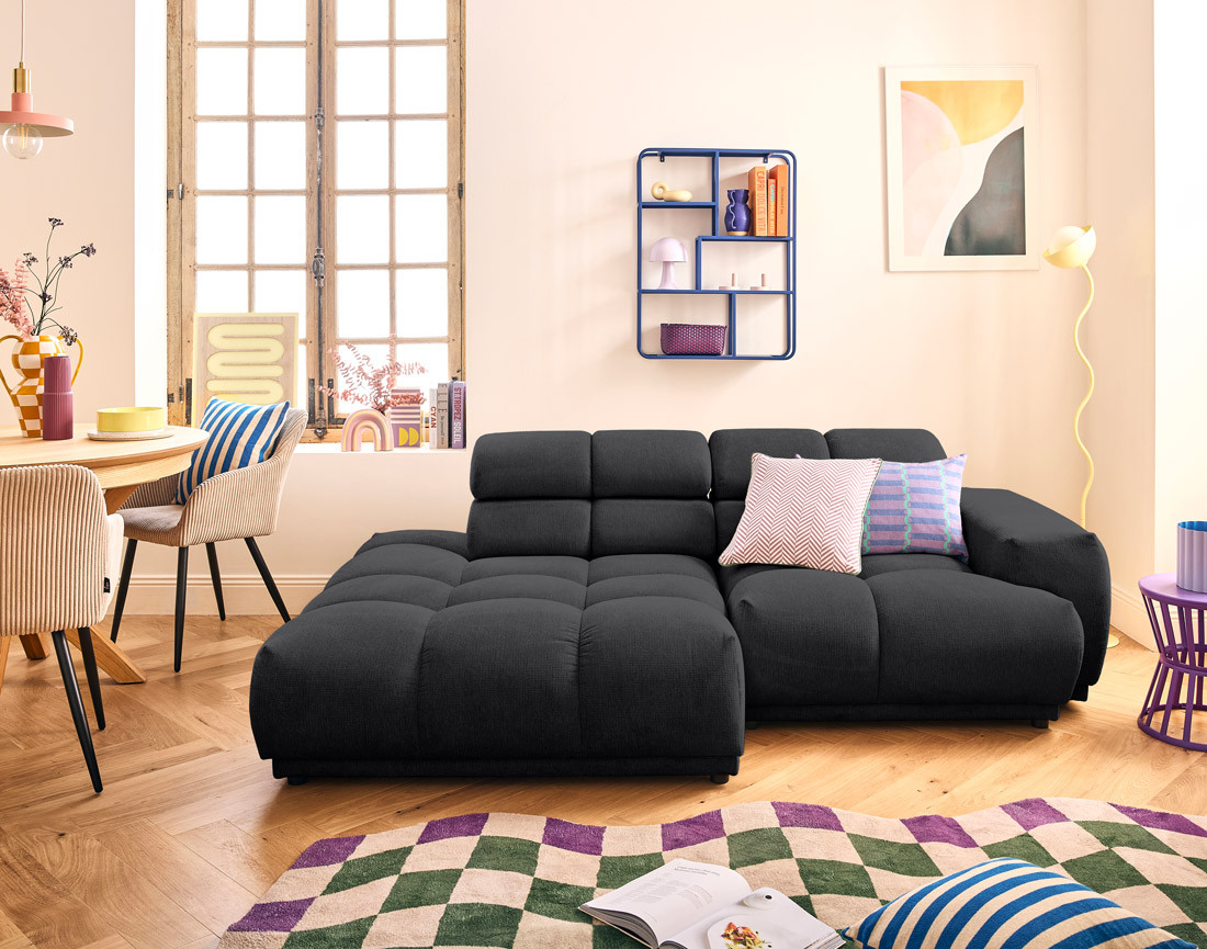 Canapé d'angle gauche 4 places avec têtières réglables en tissu texturé Matera